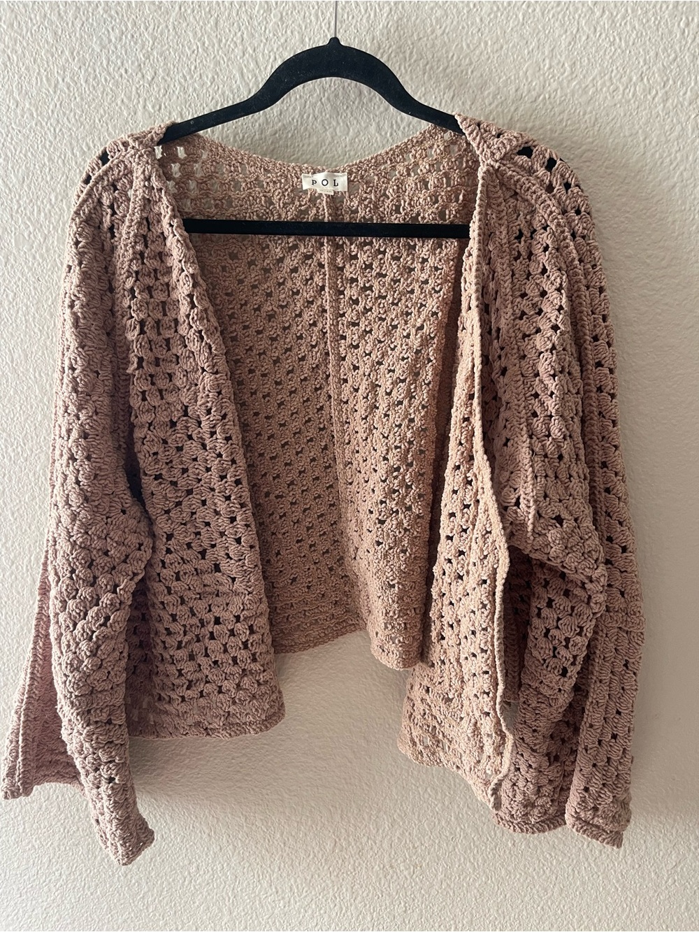 POL Crochet Open-Front Cardigan in Tan